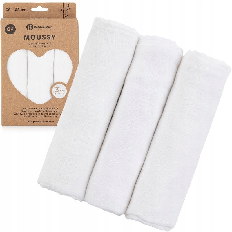 PETITE&MARS Pieluszki z muślinu bambusowego 3szt WHITE